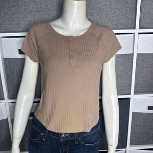 American Eagle Outfitters Ribbed Henley Top Tan Size Medium